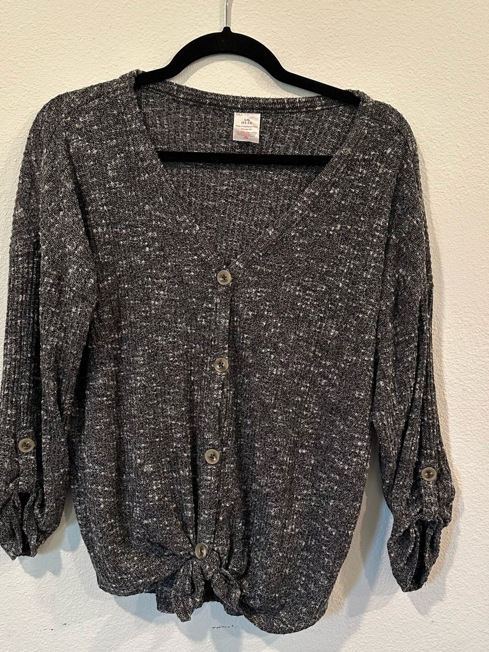 No Boundaries Speckled Charcoal Button-Front V-Neck Cardigan